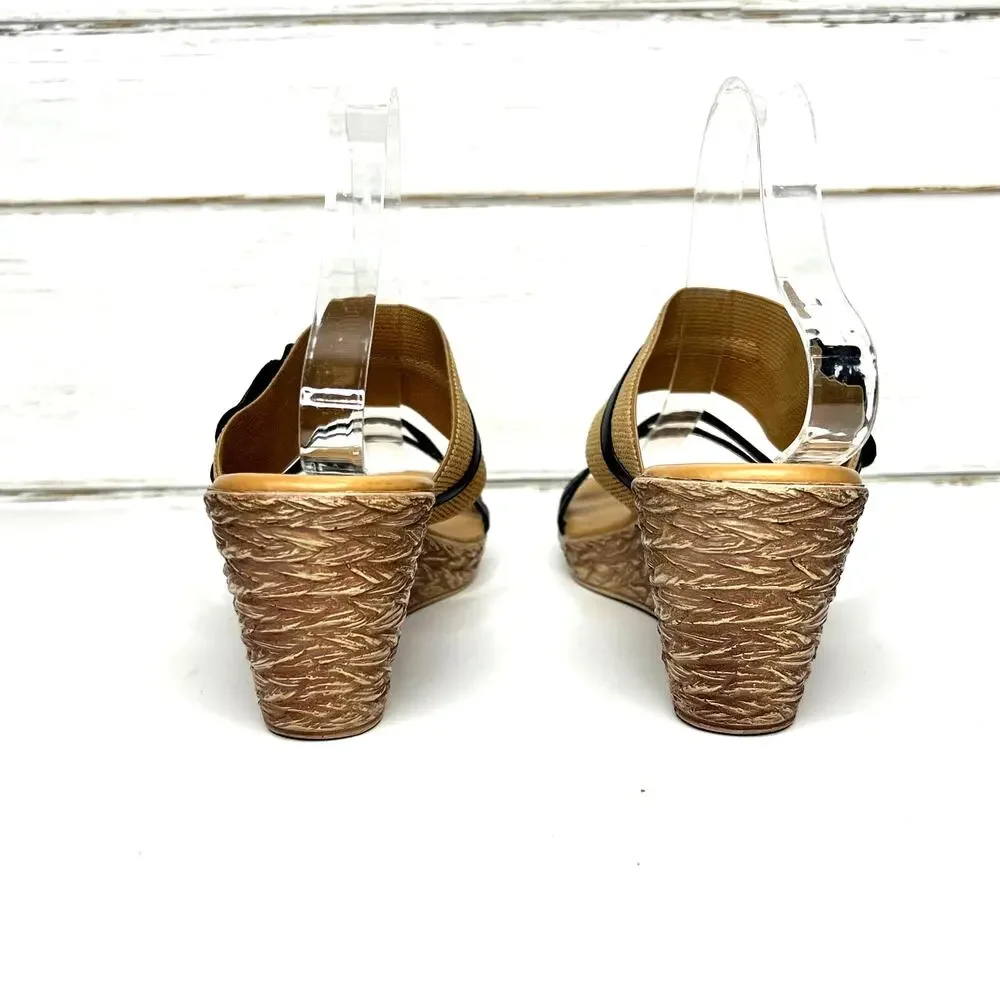 Via Veneto Slip On Wedge Sandals Tan Black Flower Size 10